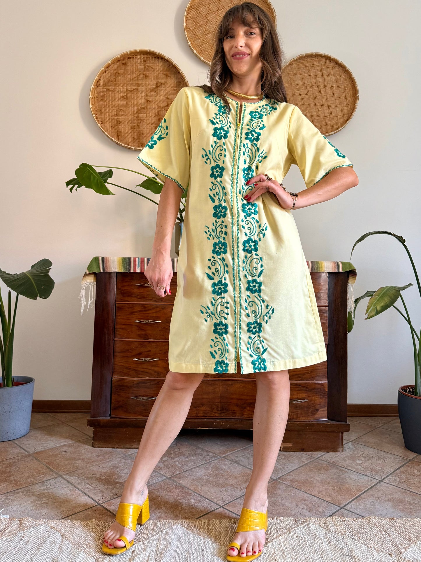 1970's vintage butter yellow cotton midi dress with green floral embroidery