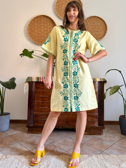 1970's vintage butter yellow cotton midi dress with green floral embroidery