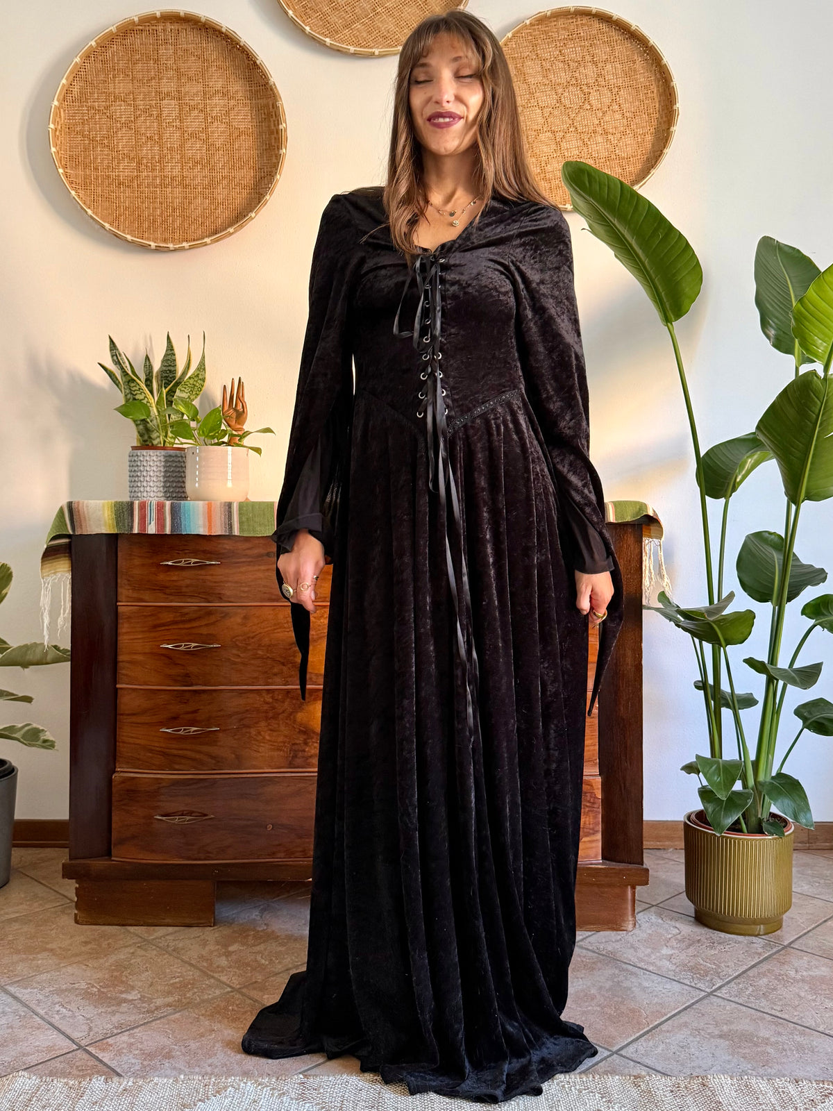 1990’s vintage black lace up bodice gothic velvet maxi dress with bell sleeves