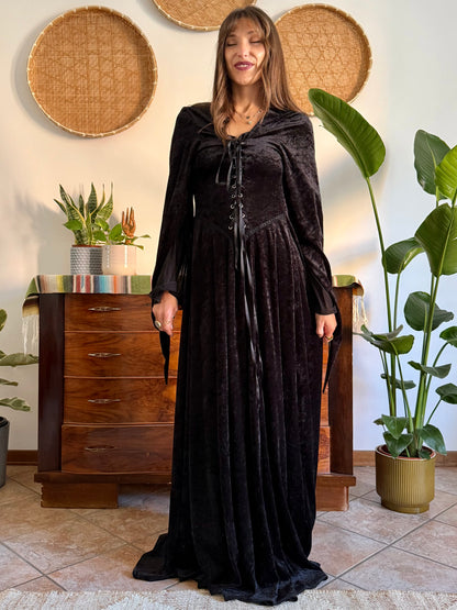 1990’s vintage black lace up bodice gothic velvet maxi dress with bell sleeves