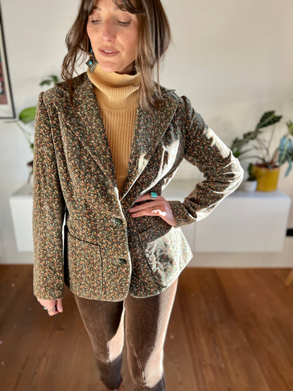 1970's vintage khaki velvet blazer with pink and cream floral print