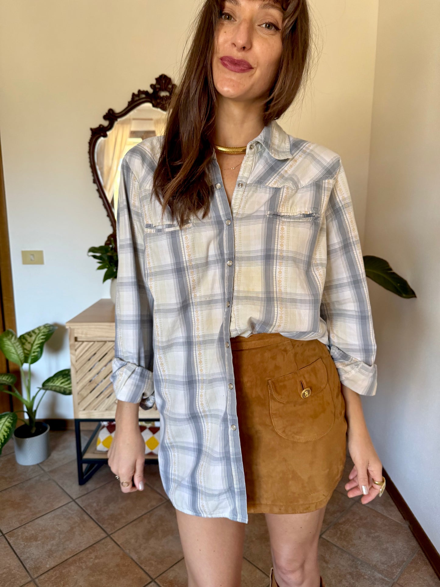 1990's vintage light blue, cream and beige western pearl snap shirt