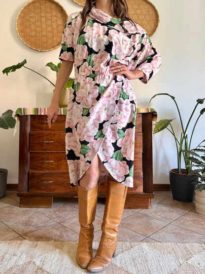 1960’s vintage pink, green and black silk floral print dress