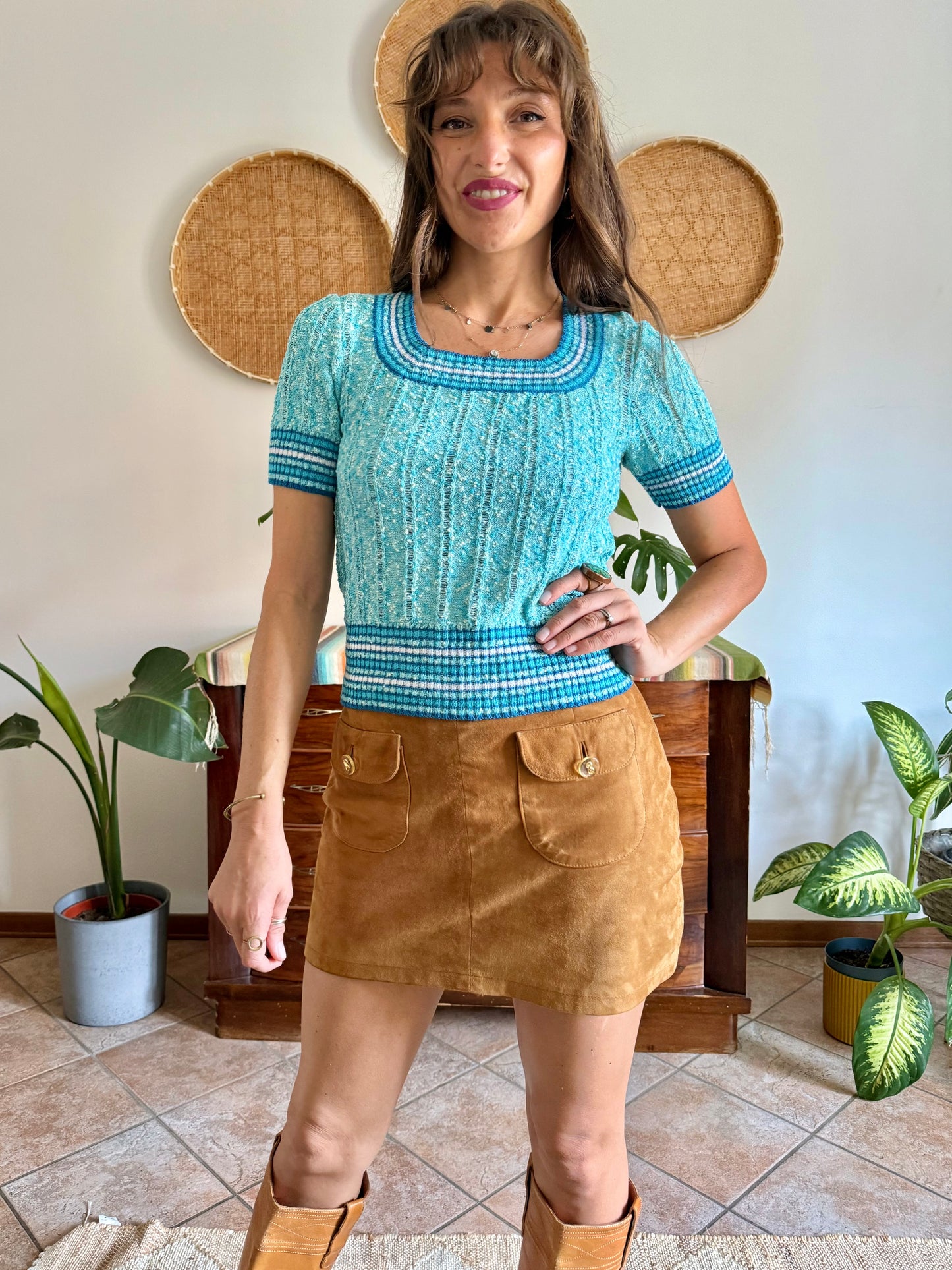 1970’s vintage turquoise,cream and blue textured knit top