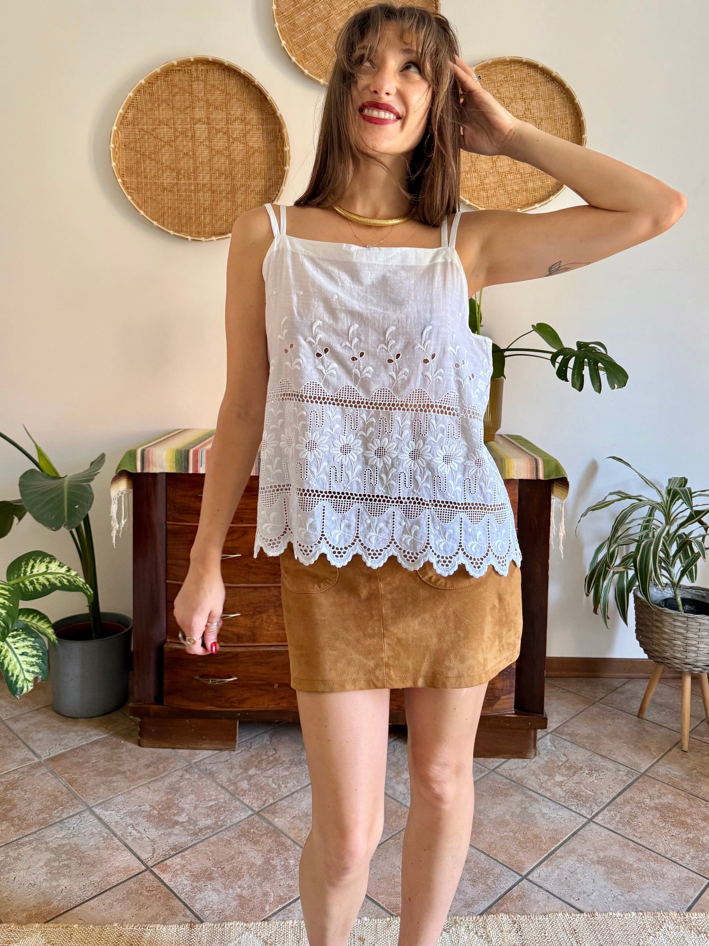 1970's vintage white crocheted and embroidered floral cotton top
