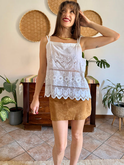 1970's vintage white crocheted and embroidered floral cotton top