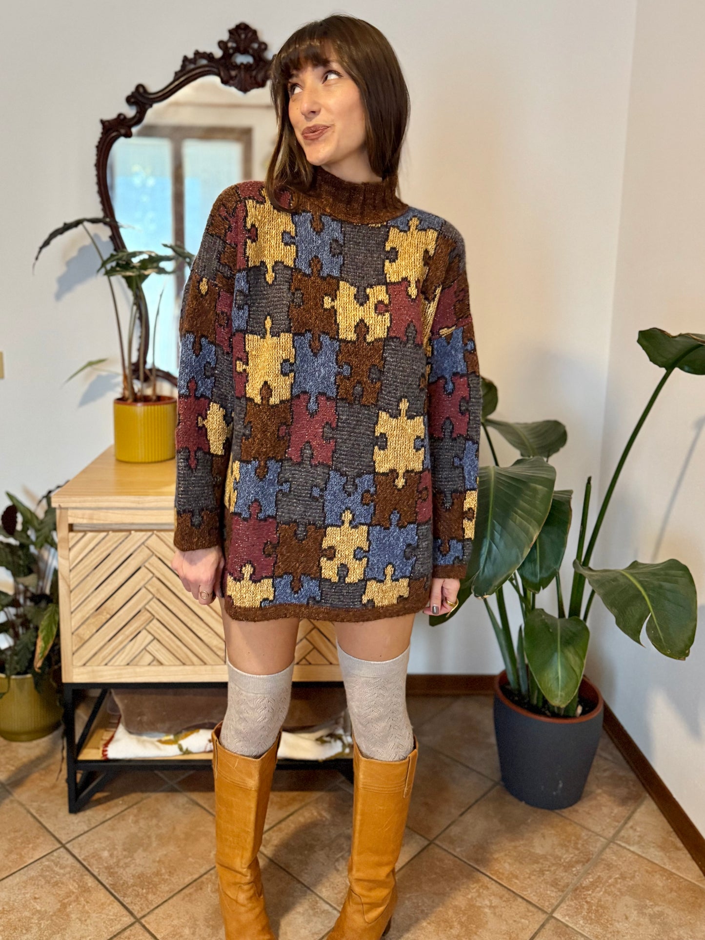 1970's vintage chocolate brown, yellow, blue and burgundy puzzle pattern knit wool pullover
