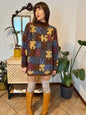 1970's vintage chocolate brown, yellow, blue and burgundy puzzle pattern knit wool pullover