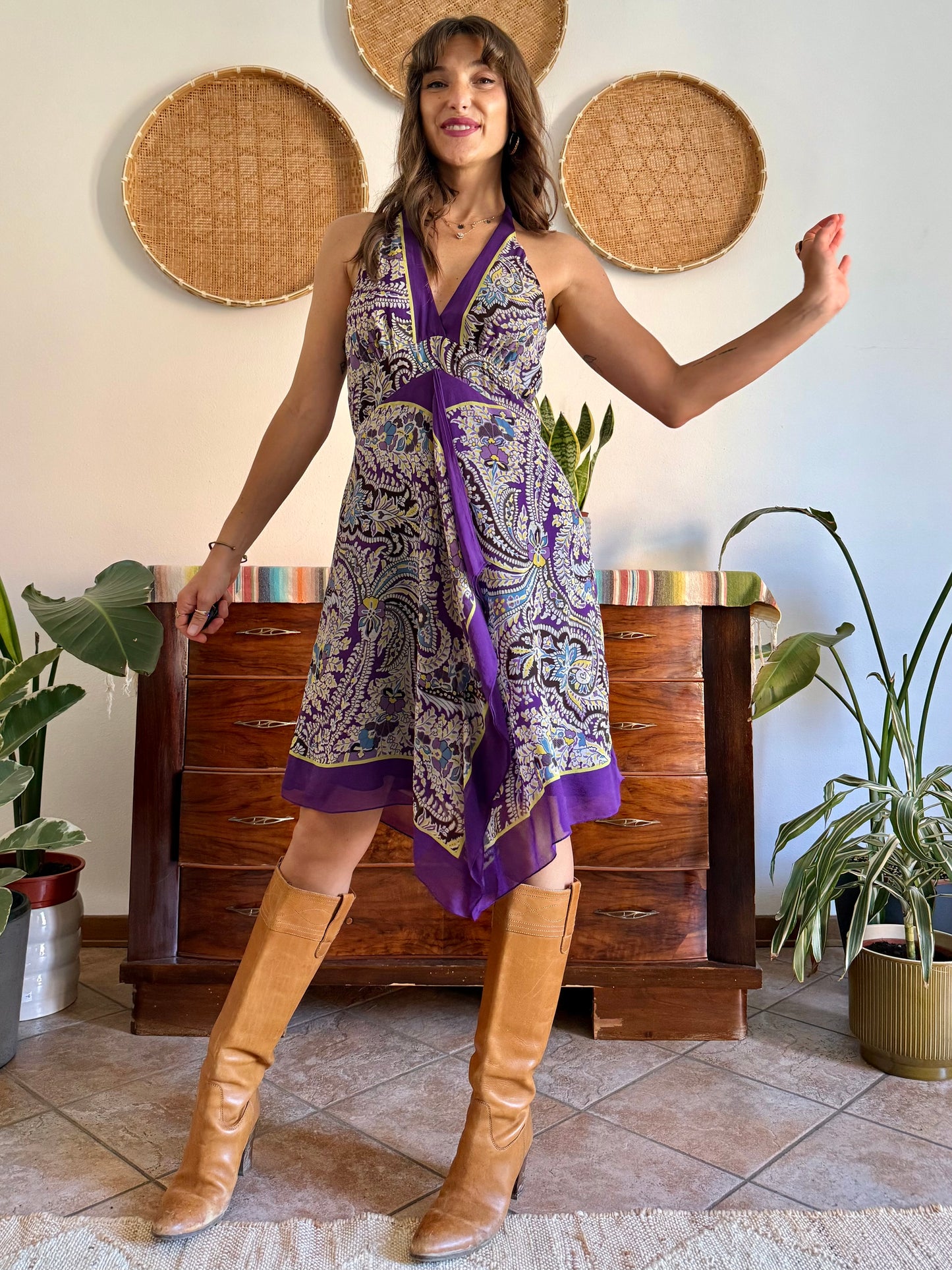 Y2k vintage purple and yellow floral silk halter top midi dress