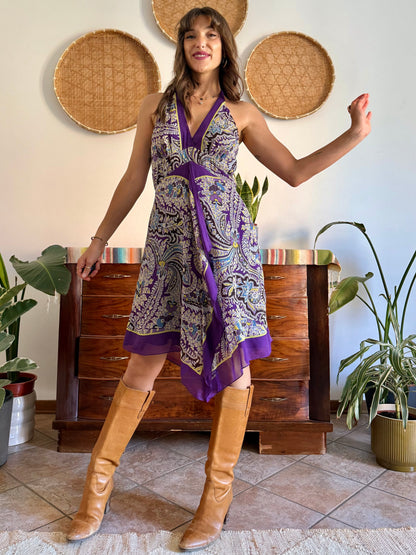 Y2k vintage purple and yellow floral silk halter top midi dress