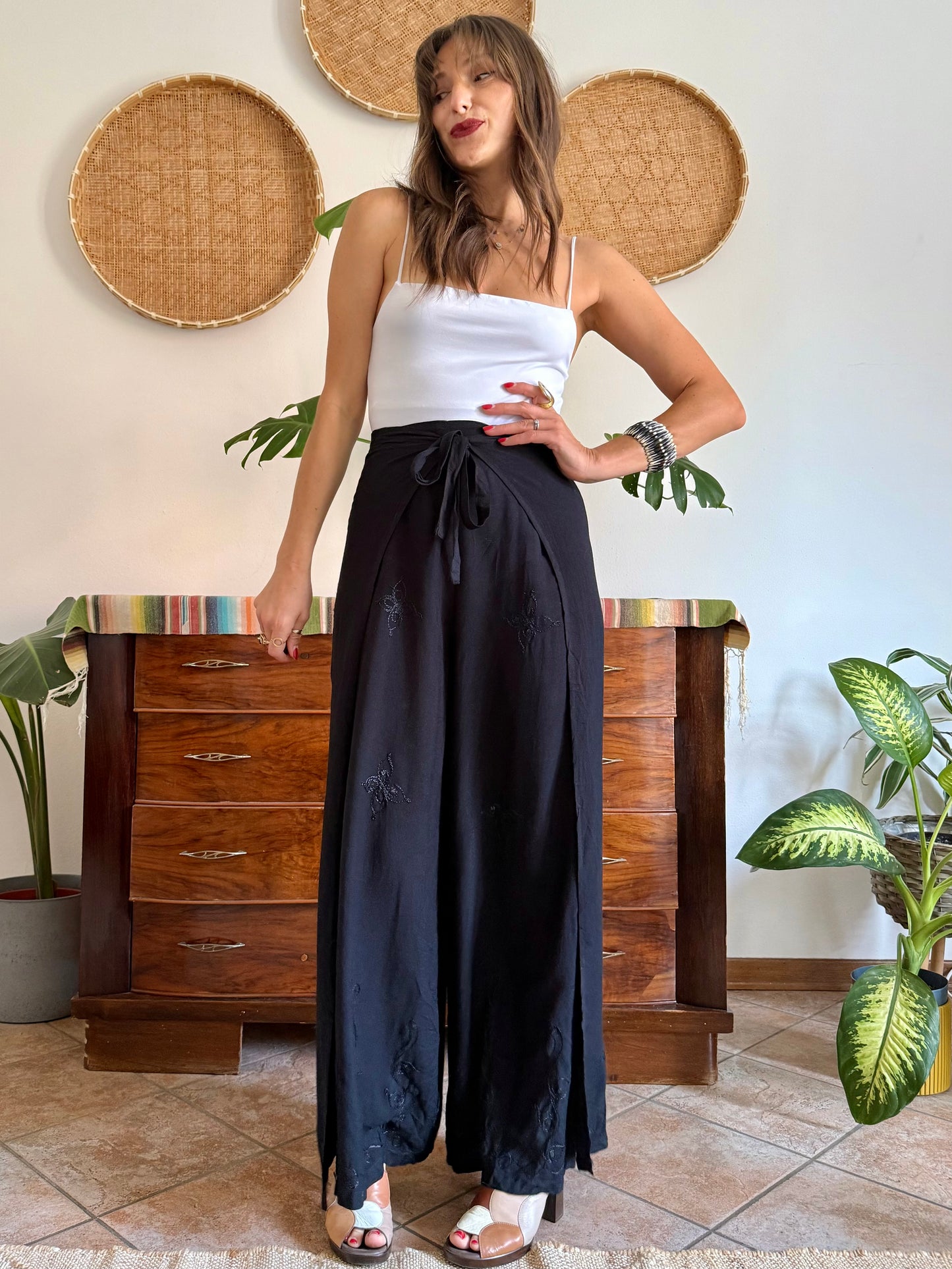 1990’s vintage black adjustable tie wide leg trousers with floral embroidery and sequin detailing