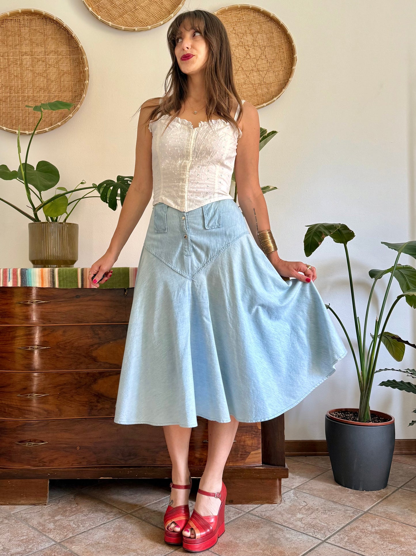 1970’s vintage light wash denim midi skirt