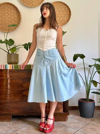1970’s vintage light wash denim midi skirt