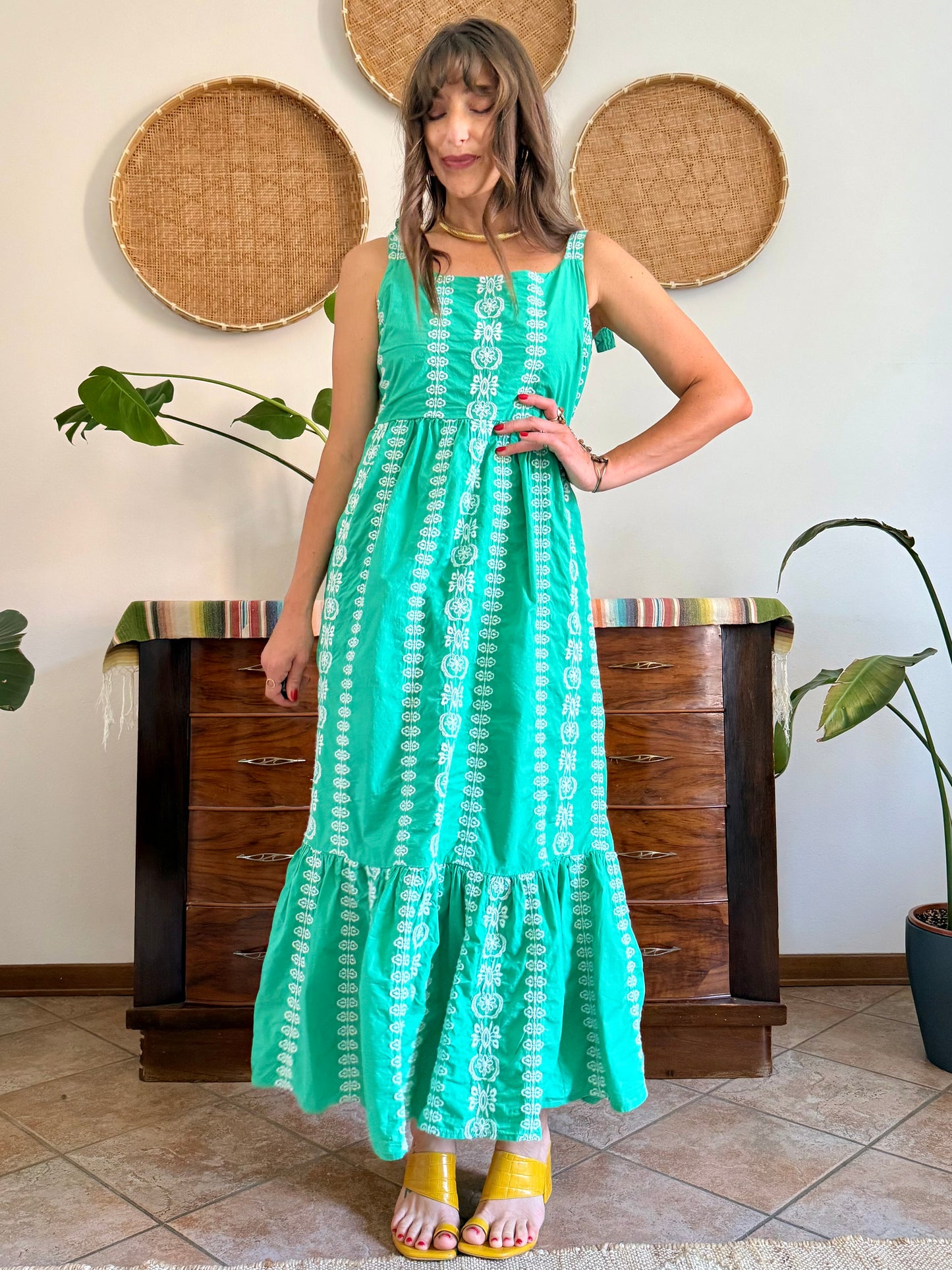 Y2K vintage green prairie maxi dress with white floral embroidery