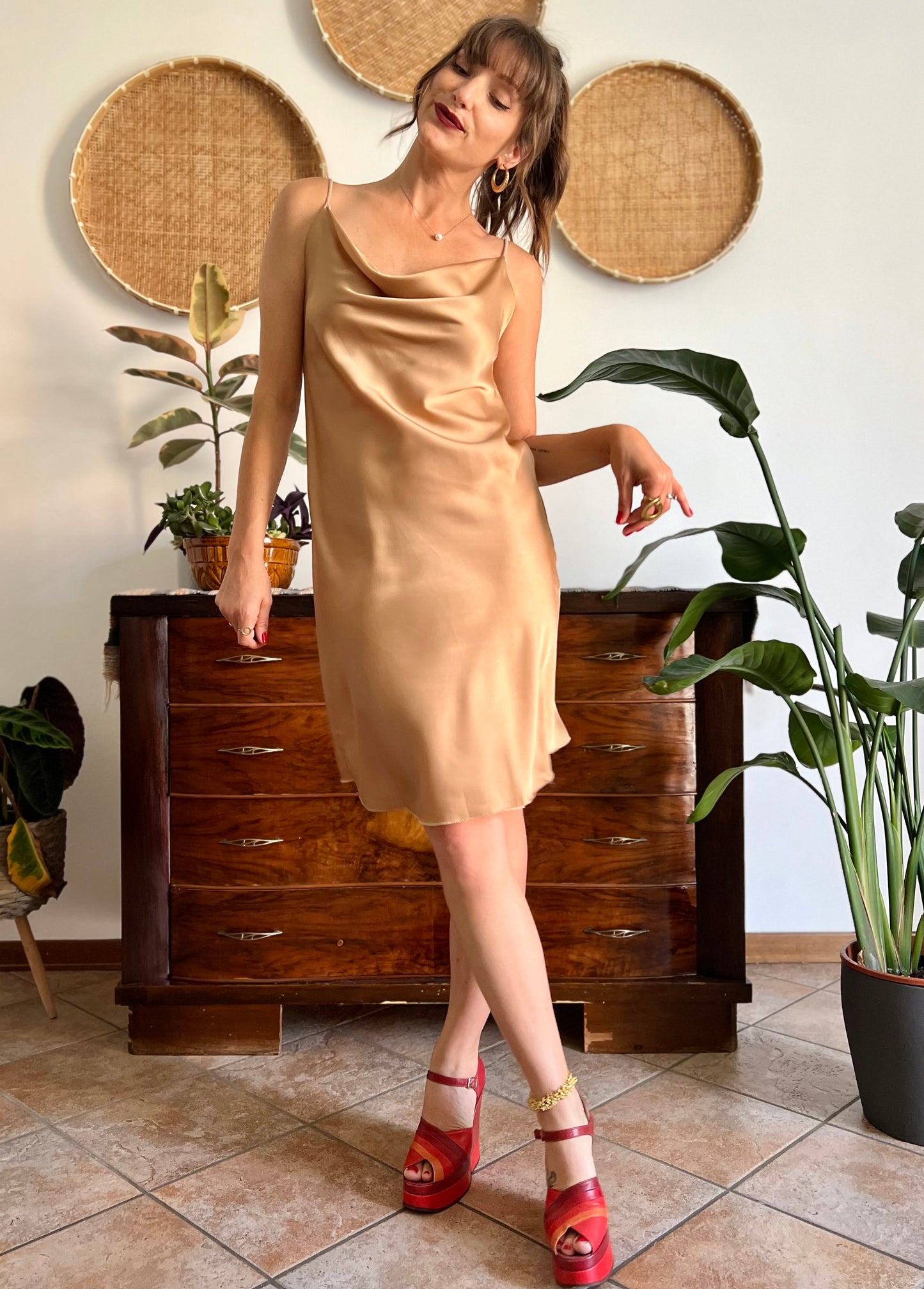 1990's vintage tan satin slip midi dress with cowl neck
