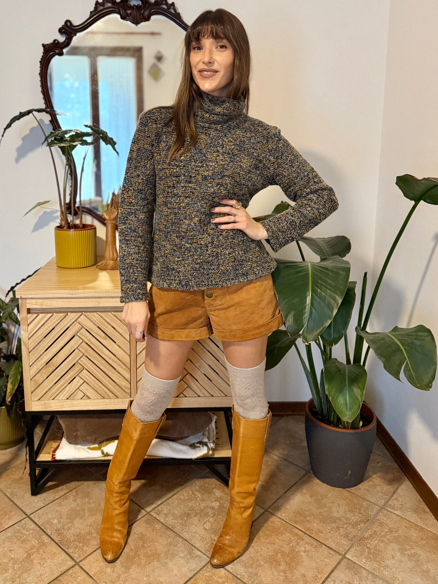 1990's vintage charcoal grey, yellow and blue boucle knit turtleneck pullover