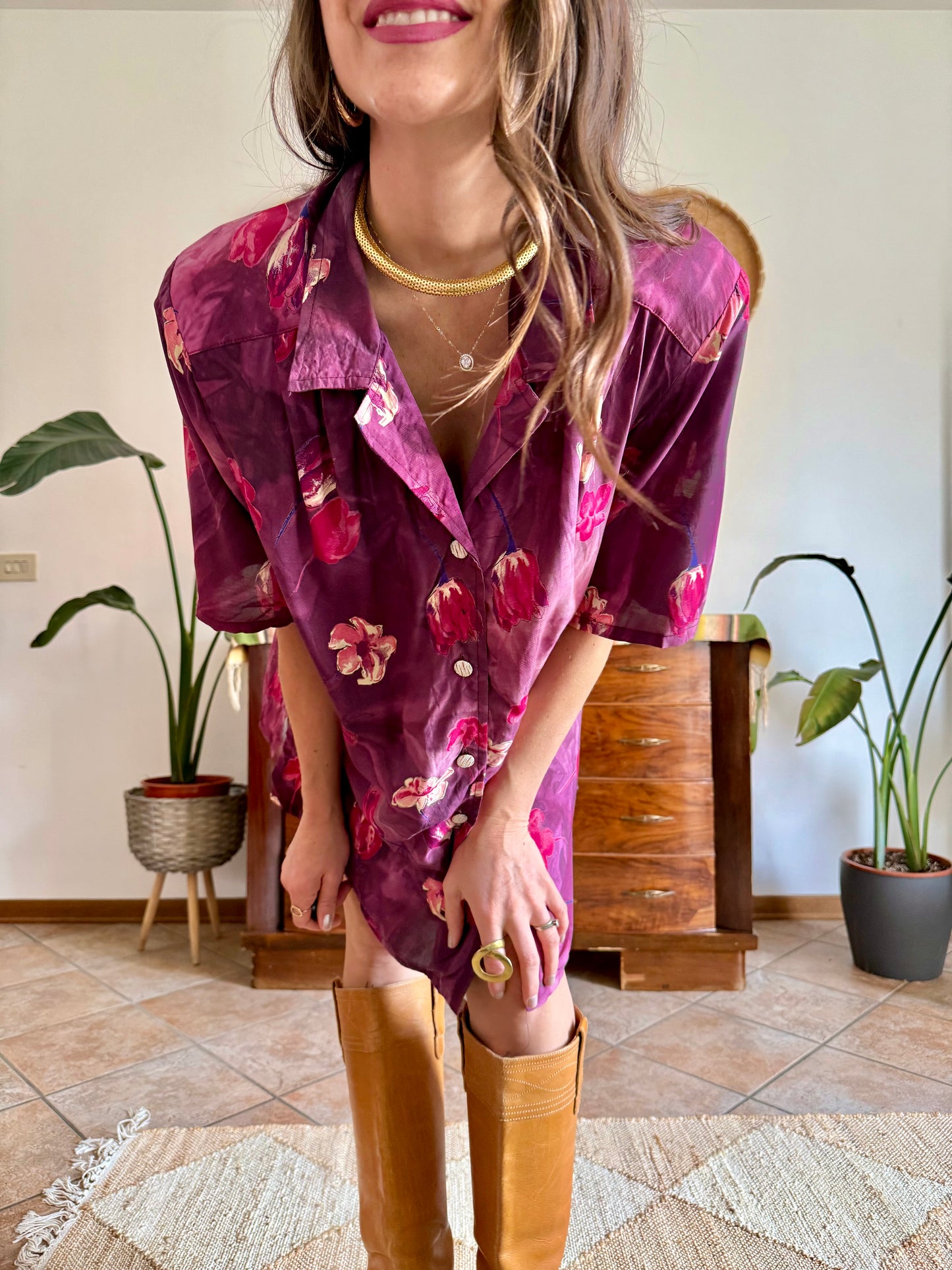 1980’s vintage fucsia and purple multi tonal floral shirt dress