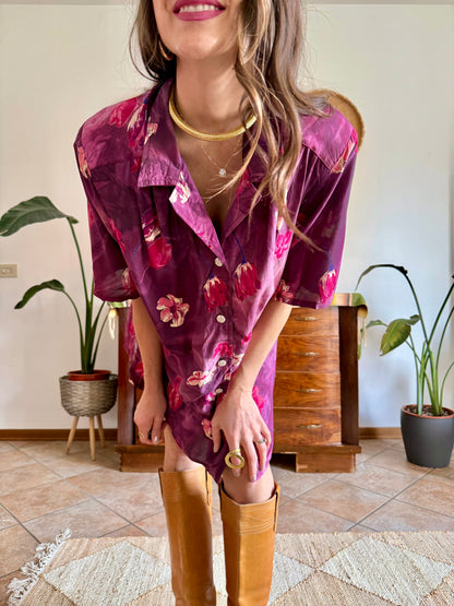 1980’s vintage fucsia and purple multi tonal floral shirt dress