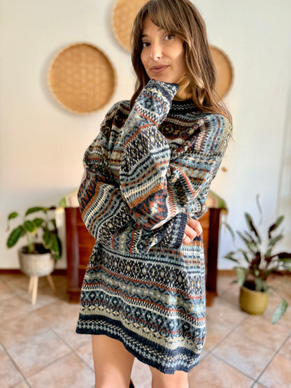 1990's vintage wool chocolate brown, navy and light blue geometric stripe knit sweater dress