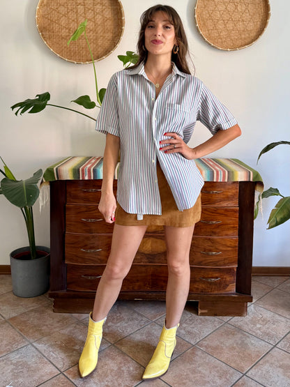 1970’s vintage lavender, turquoise and cream vertical stripe shirt
