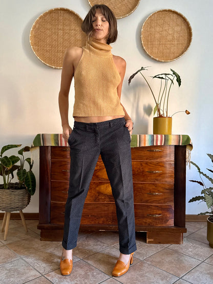 Y2k vintage black and light blue geometric print velvet trousers