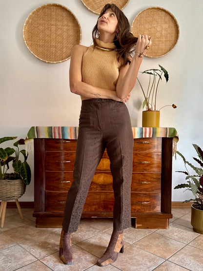 1970's vintage chocolate brown floral print tailored trousers