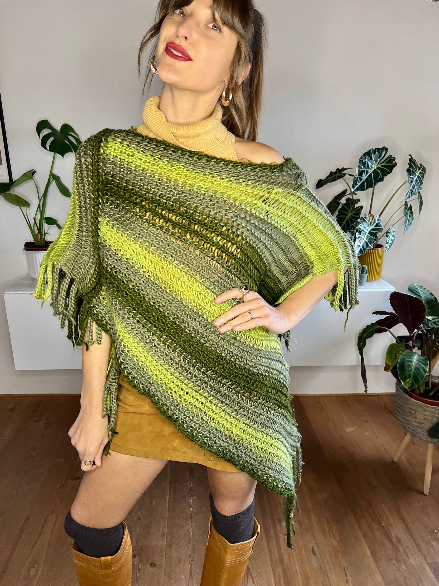 1970's vintage wool multitonal green stripe knit poncho with fringe details