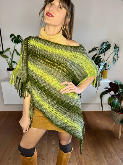 1970's vintage wool multitonal green stripe knit poncho with fringe details