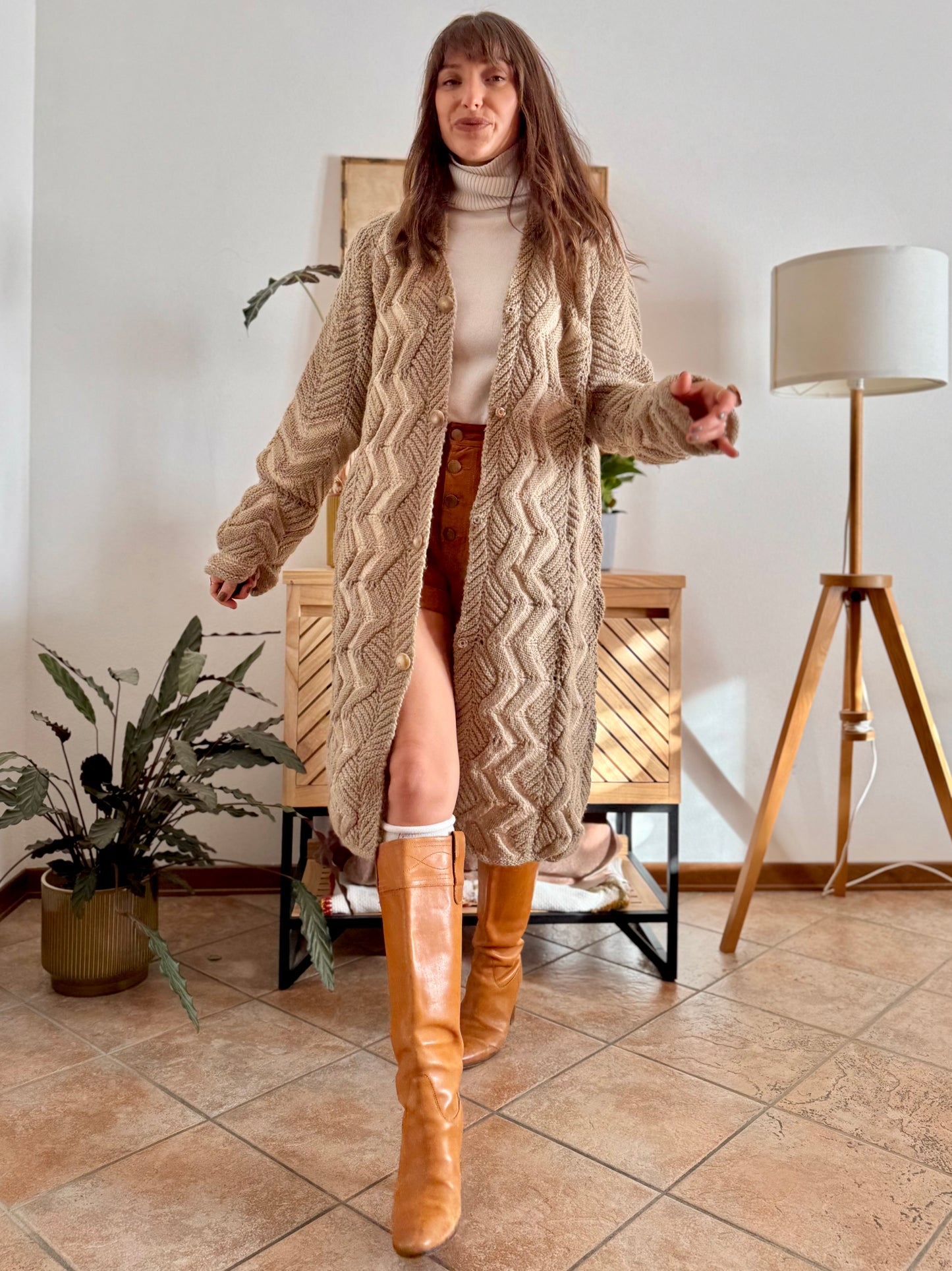 1970's vintage beige and cream chevron knit wool button down midi dress