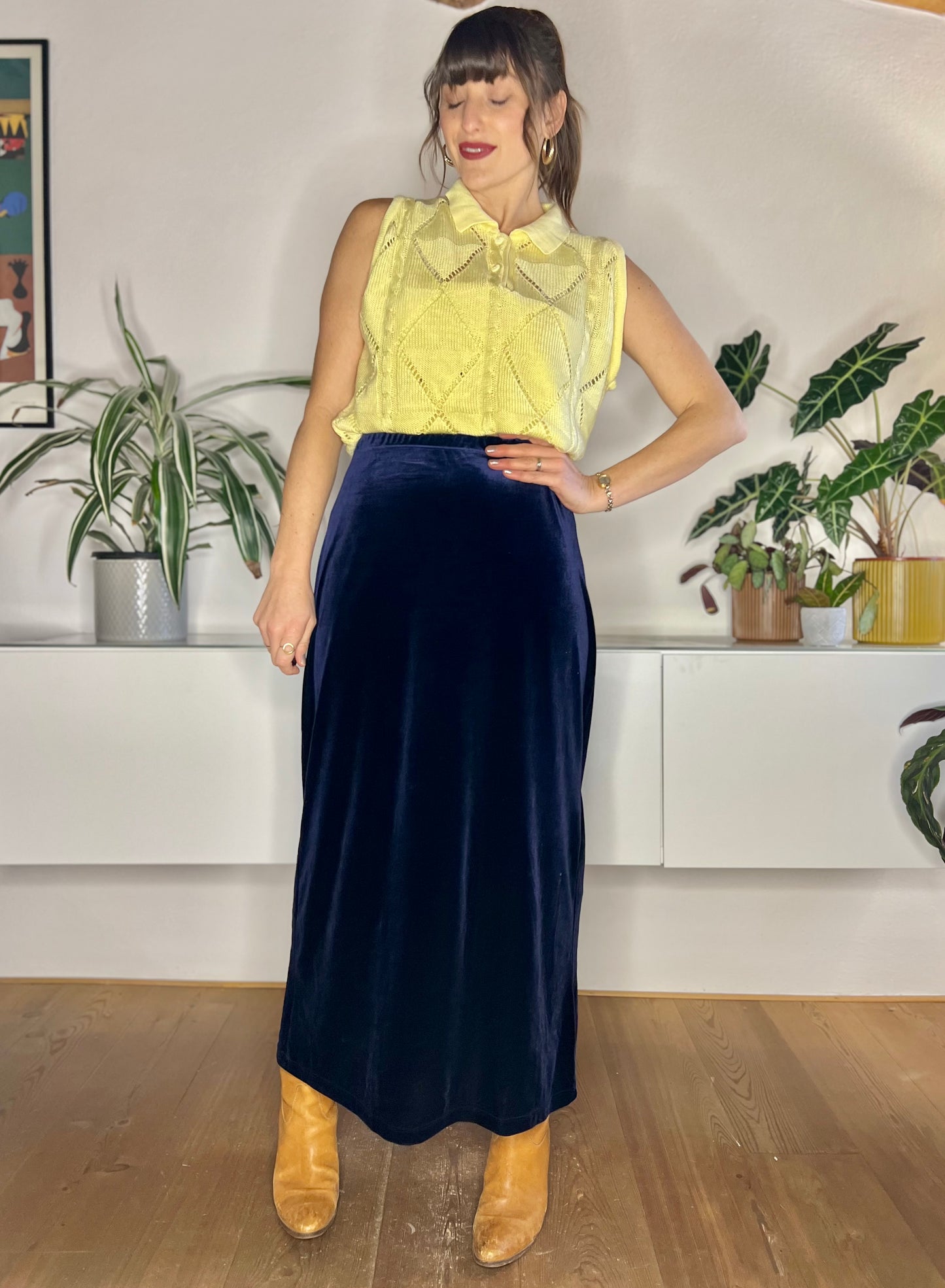 1970's vintage navy blue velvet maxi skirt