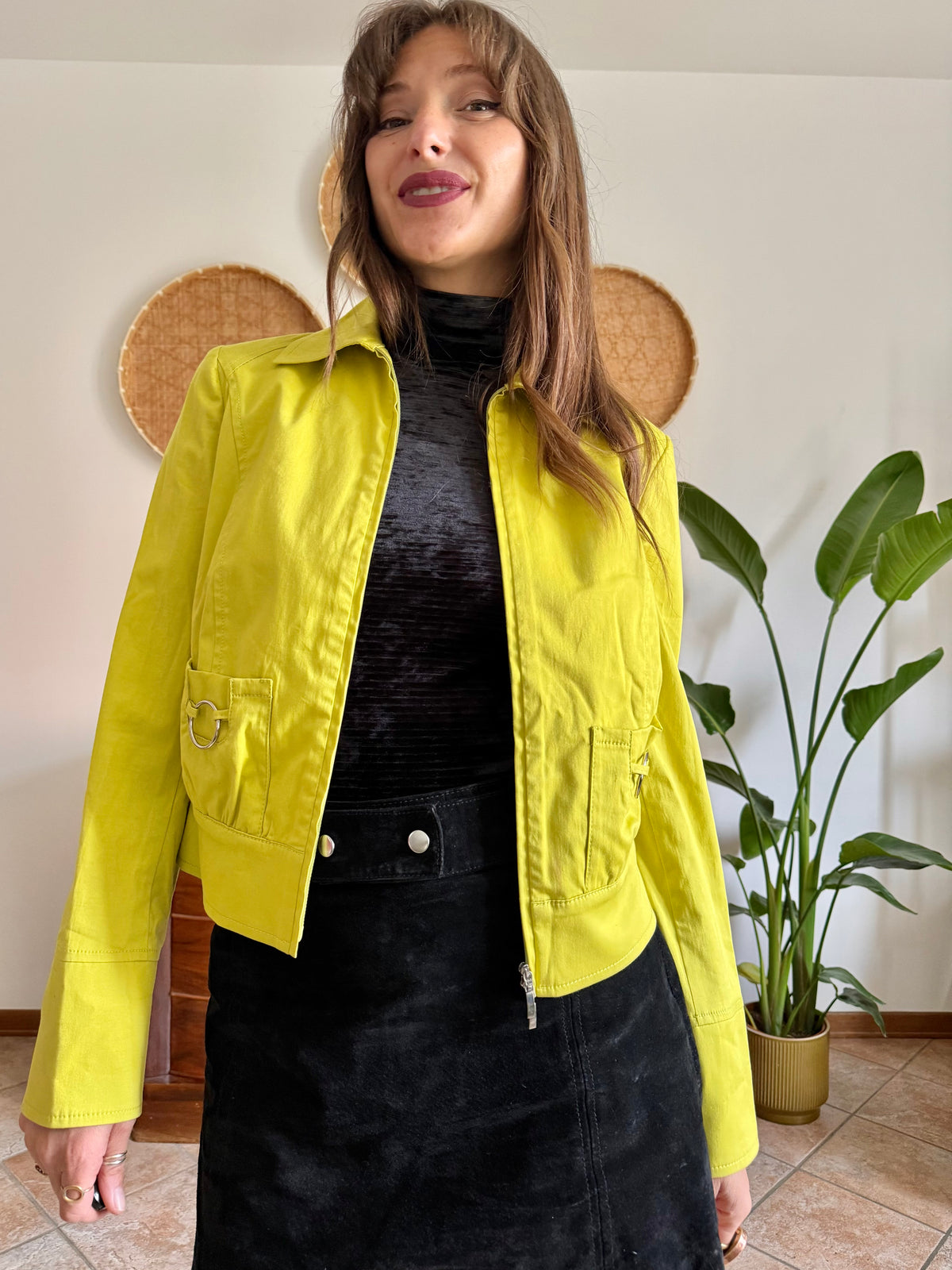 Y2K vintage chartreuse jacket with silver metal details