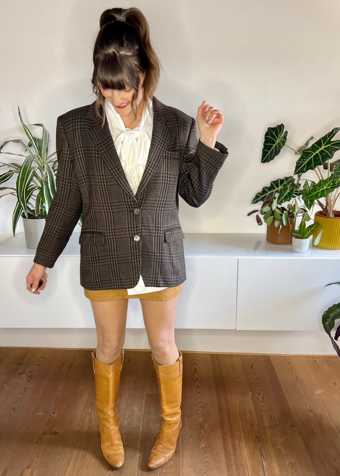 1970's vintage chocolate brown and blue cashmere blend plaid blazer