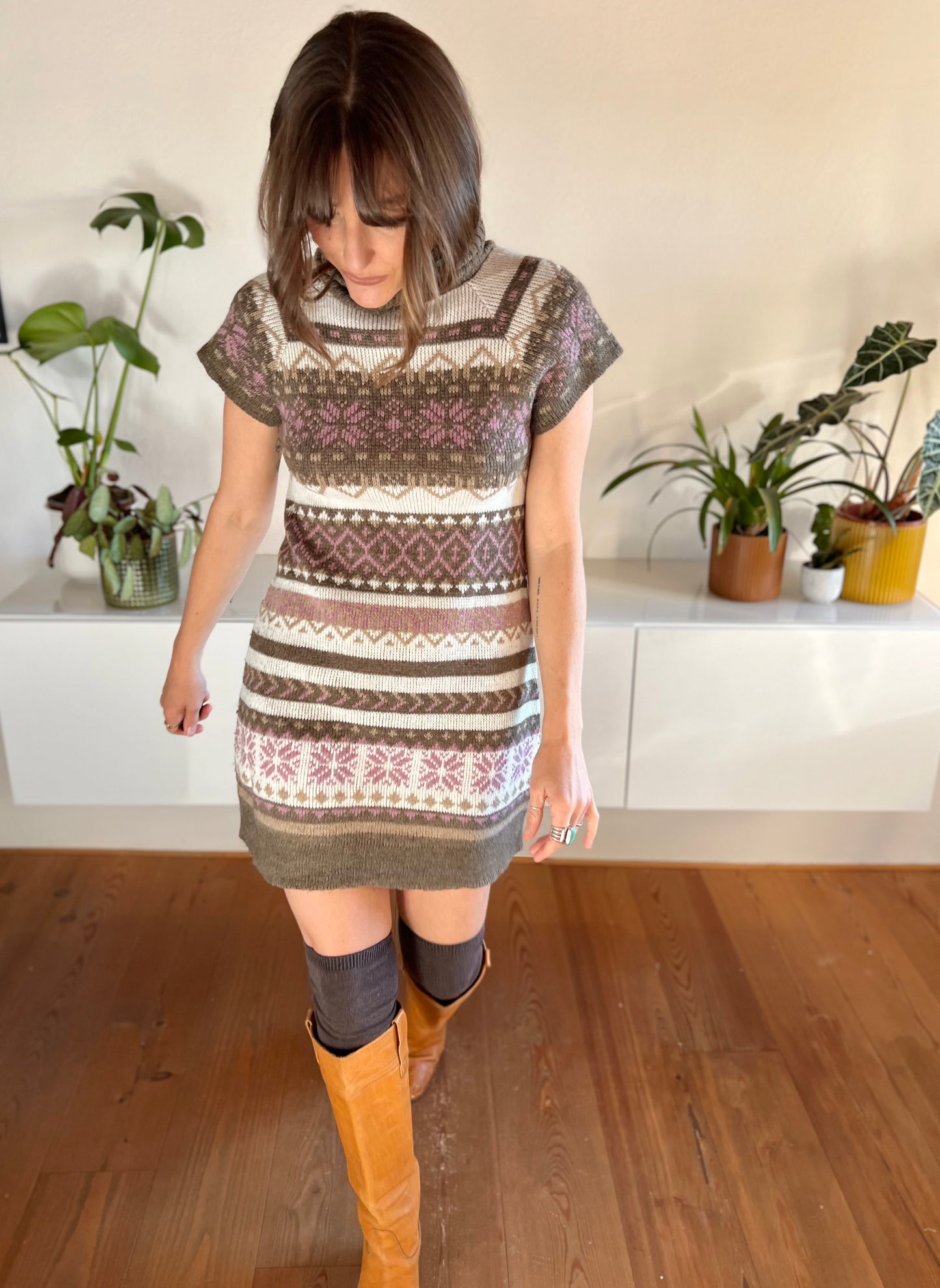 1990's vintage pink and brown geometric knit turtleneck mini dress