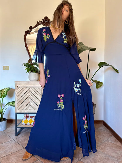 Y2k vintage navy blue belle sleeve maxi dress with floral embroidery