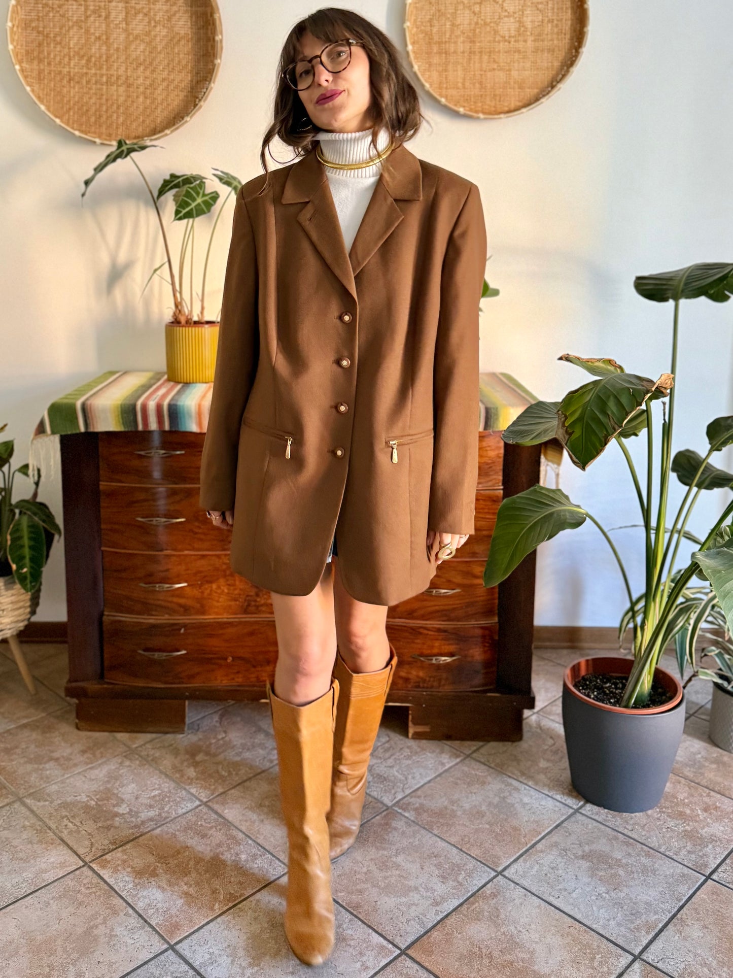 1970's vintage chocolate brown oversize wool jacket with gold metal details