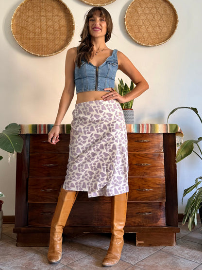 1970's vintage lilac and cream raw silk animal printed midi skirt