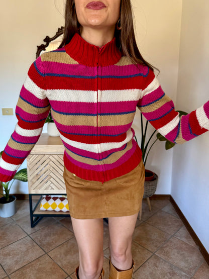 1990's vintage red, pink and blue stripe zip up wool knit cardigan