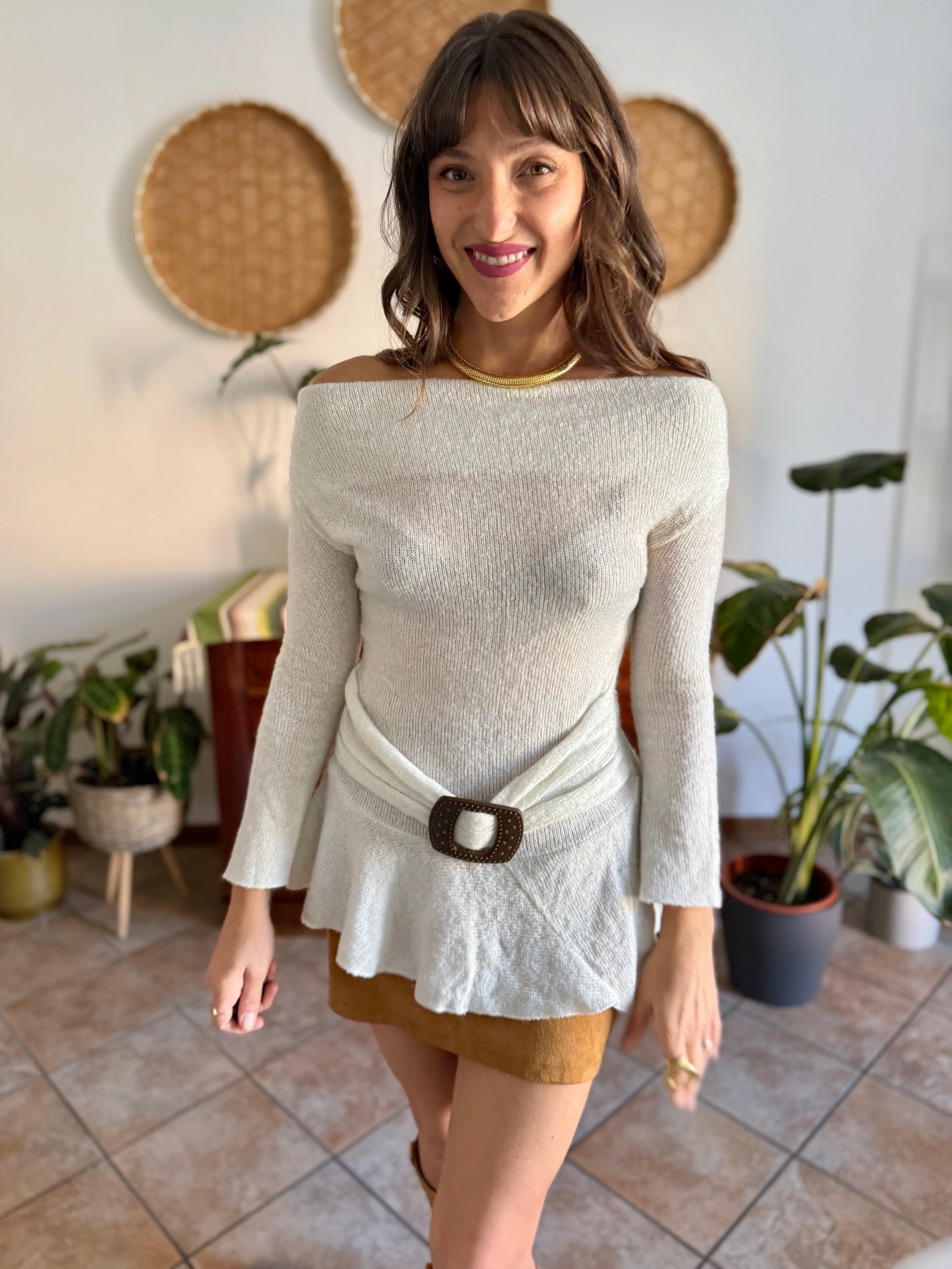 Y2K vintage asymmetrical cream mohair blend knit pullover with belt detail