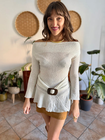 Y2K vintage asymmetrical cream mohair blend knit pullover with belt detail
