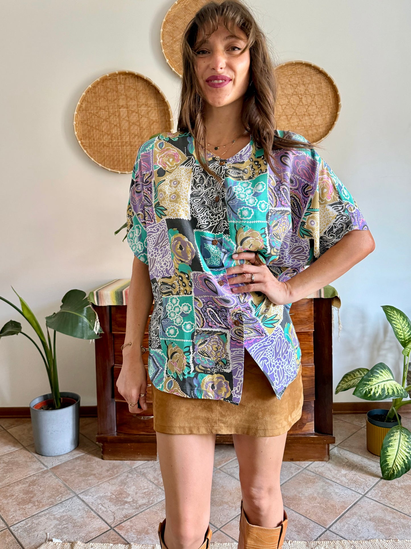 1990’s vintage lilac, turquoise and tan patchwork floral print blouse