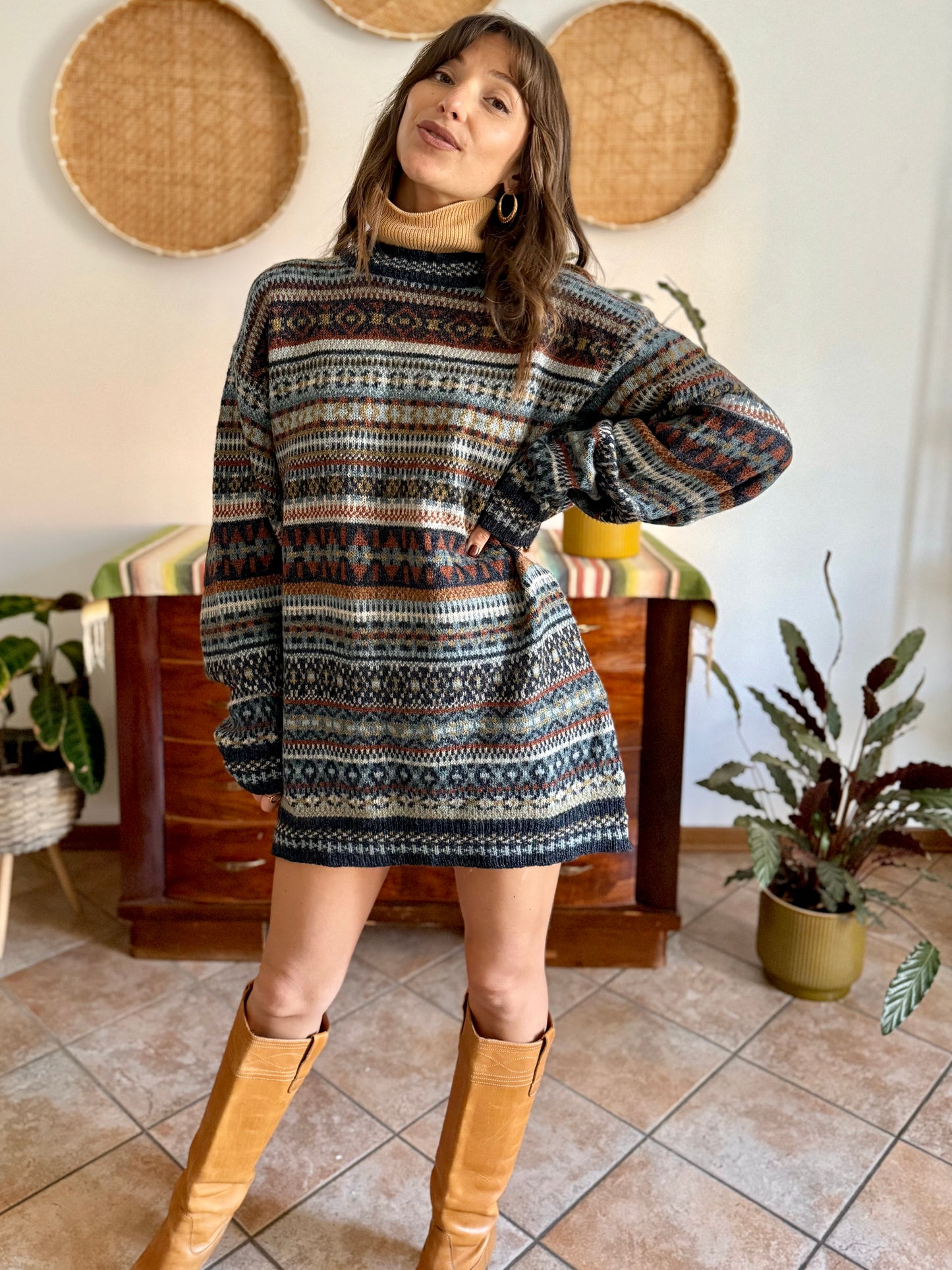 1990's vintage wool chocolate brown, navy and light blue geometric stripe knit sweater dress