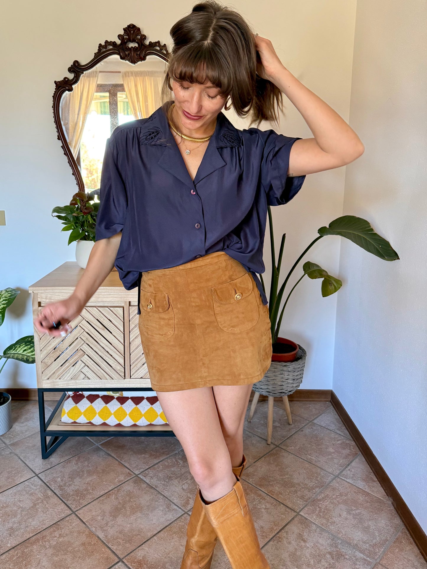1970’s vintage navy blue blouse with floral embroidered collar