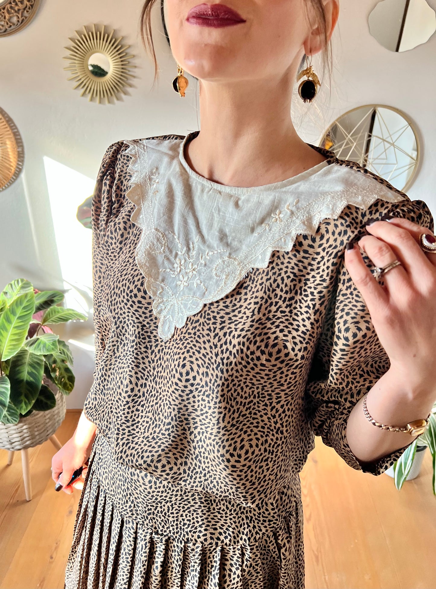 1970's vintage leopard print drop waist midi dress with embroidered handkerchief collar