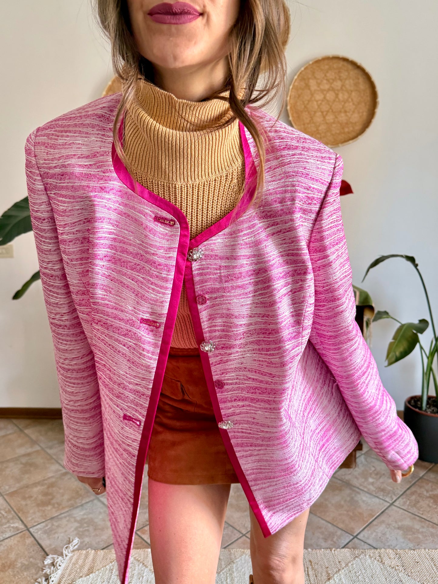 1980’s vintage fuchsia and cream textured woven jacket with rhinestones stone buttons