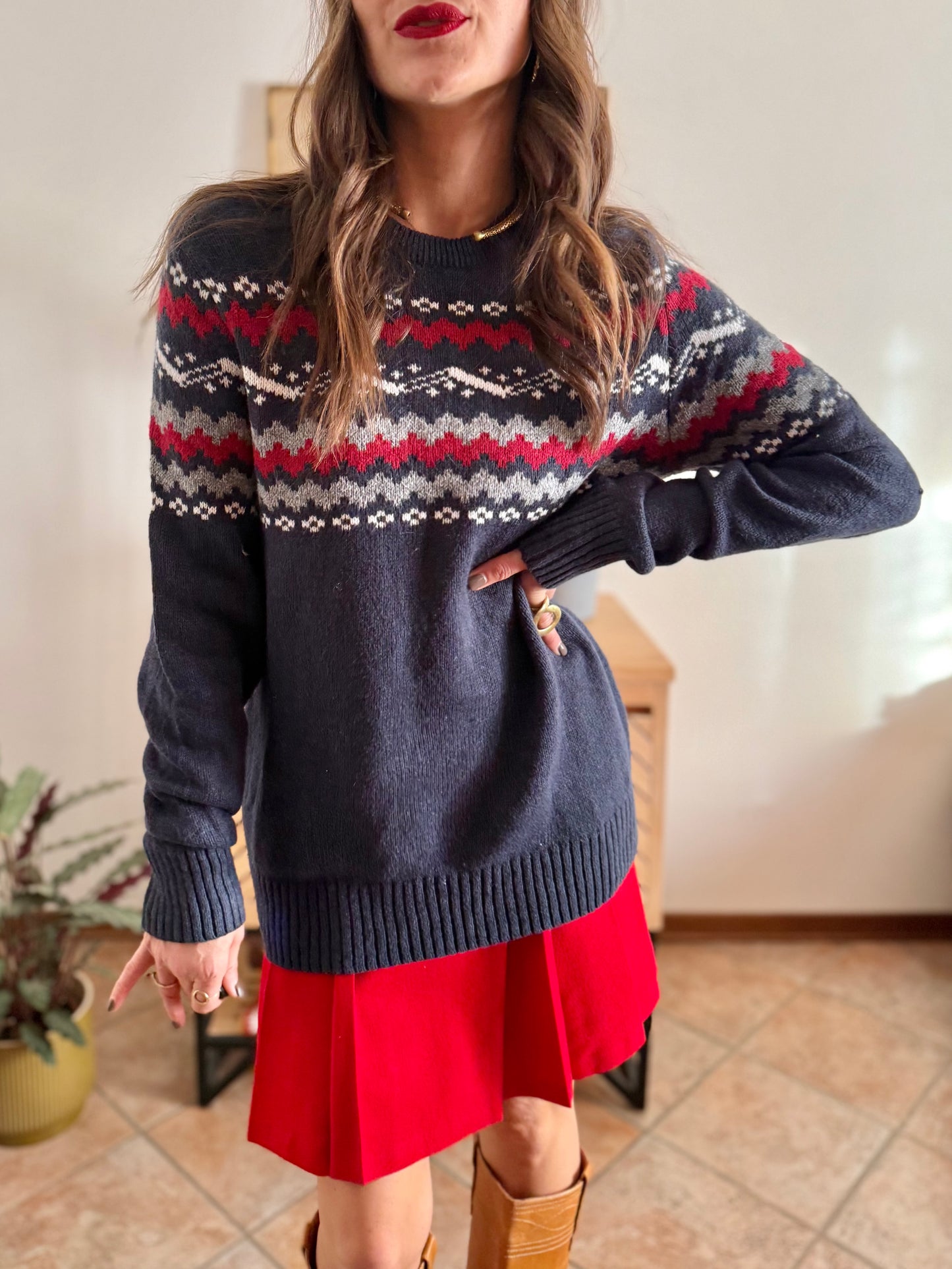 1990’s vintage navy blue knit pullover with red and cream geometric pattern