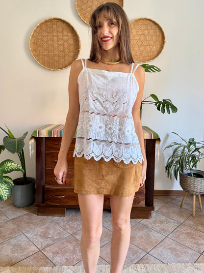 1970's vintage white crocheted and embroidered floral cotton top