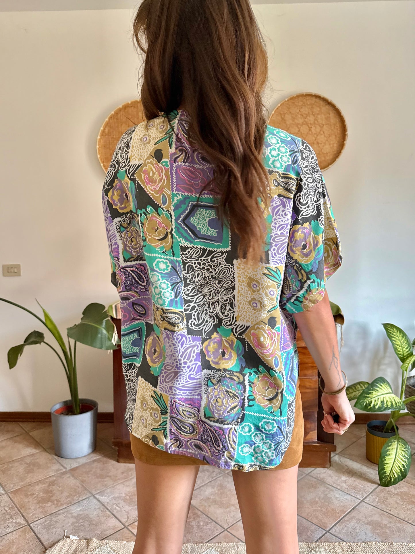 1990’s vintage lilac, turquoise and tan patchwork floral print blouse
