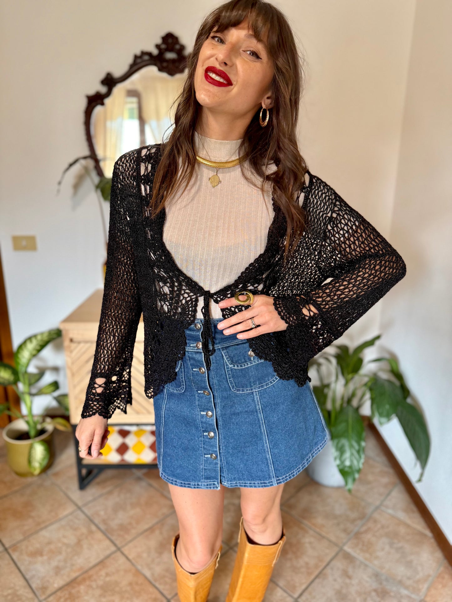 Y2k vintage black bell sleeve crocheted cardigan with silver thread accents