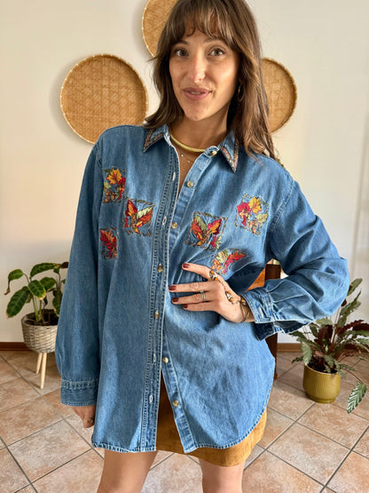 1990's vintage denim shirt with red, yellow and green embroidered autumn leaves