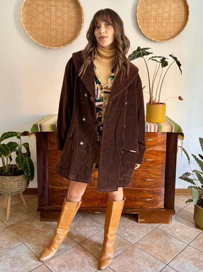 1970's vintage chocolate brown velvet peacoat